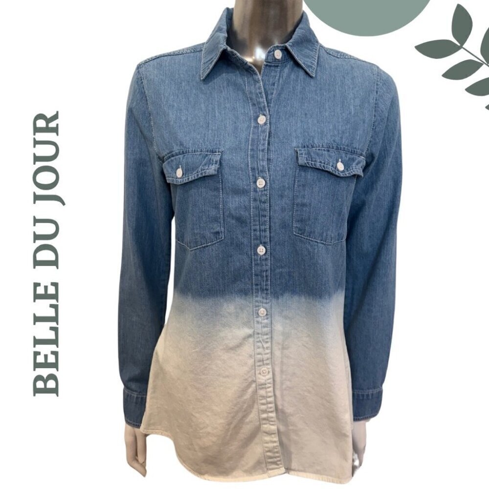 🛍️Belle du Jour Ombré Denim Shirt | Blue to Cream Fade Button Front Size Medium